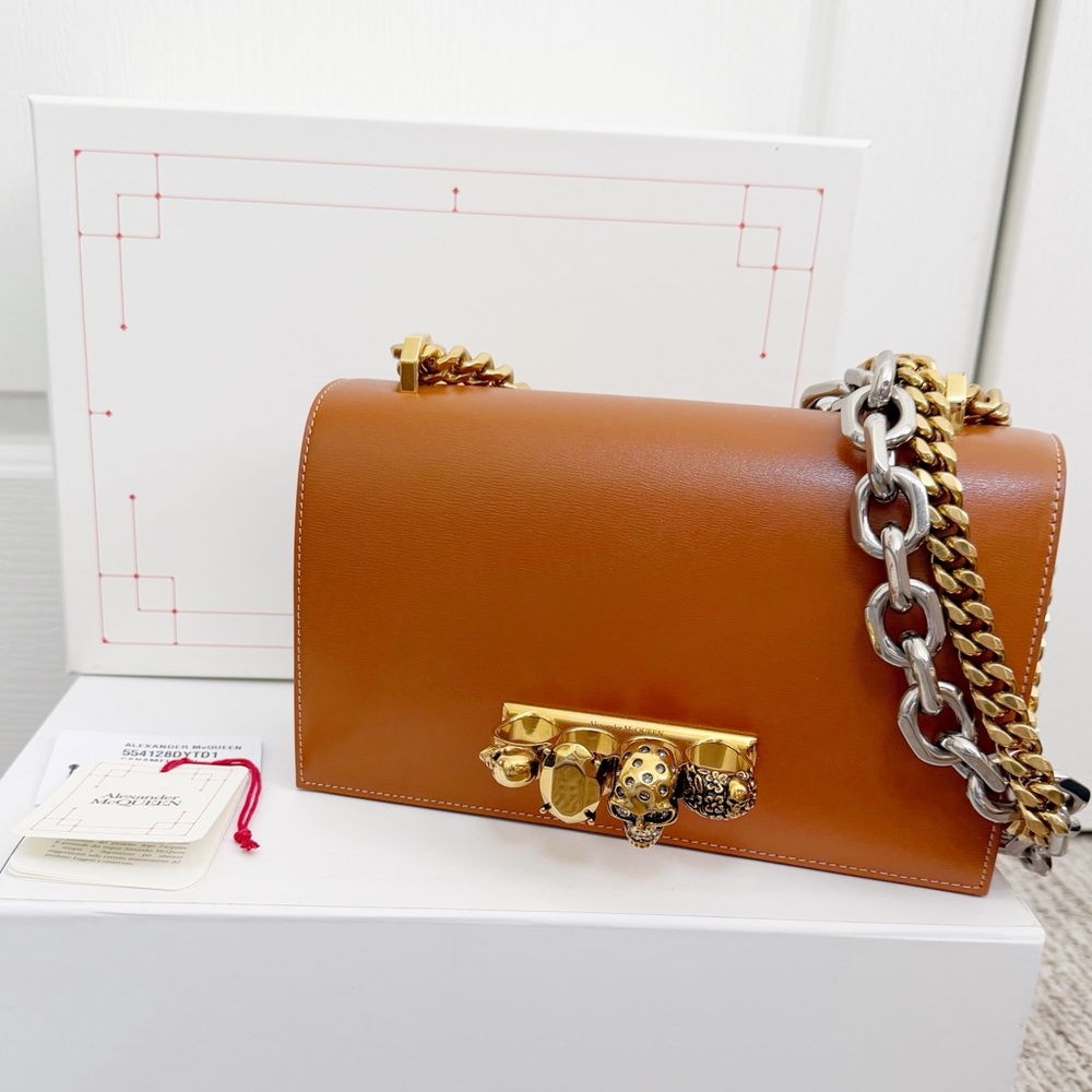 Alexander McQueen Jewelled City Lux Leather Satchel with Silver & Gold Chain